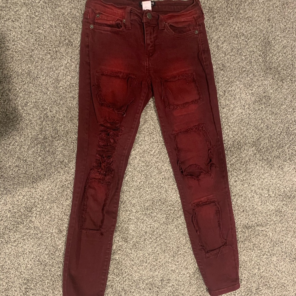 Distressed burgundy/red skinny jeans, size 1
